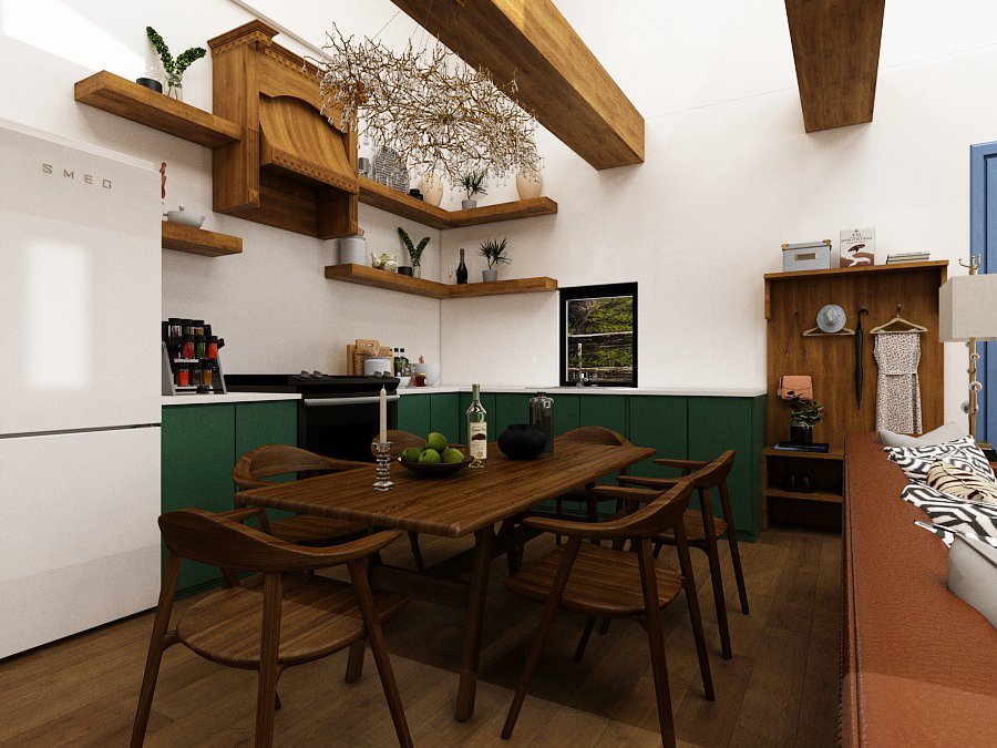 Kitchen with green cabinets and wood beams