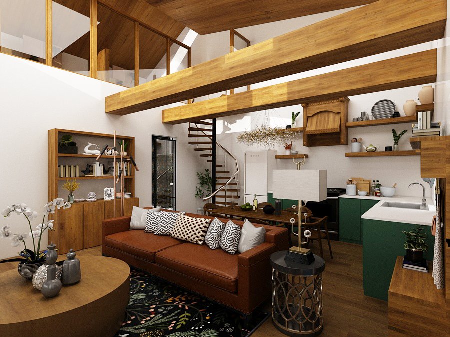 Open living room with spiral staircase and loft