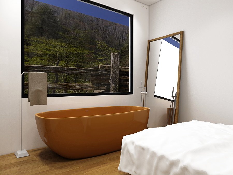 Soaking tub with forest view window